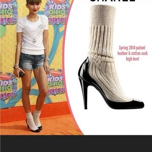 CHANEL Cream and Black High Heel Sock Boots. 41